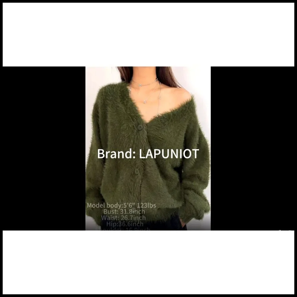Oversized Mohair Cardigan V-Neck Button Down Fuzzy Sweater Y2K Winter_5